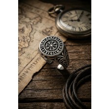 Begondio Viking Tarzı Vegvisir ve Runik Yazılı Kıvrım Detaylı Ayarlanabilir Erkek Yüzük