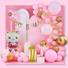 AyrStore Sevimli Kedi Gold 1 Yaş Folyo Balonlu Pembe Gold Konsept Doğum Günü Parti Seti