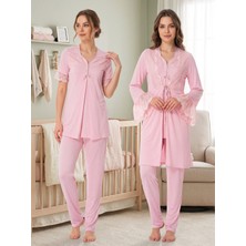 <lohussa Yeni Sezon Pembe Dantel Detaylı Düğmeli Tasarım Kısa Kol %100 Pamuk Hamile Lohusa Sabahlık Pijama Takımı 3'lü Set Renk