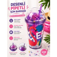 BURADABULDUN 450 ml Desenli Pipetli Içecek Bardağı Kapaklı Dekoratif Soğuk Içecek Bardağı