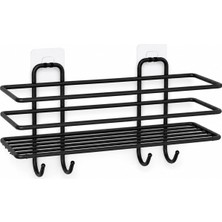 AyrStore Alper Banyo Siyah Yapışkanlı Banyo ve Mutfak Rafı, 4 Kancalı Metal Duvar Rafı, Şampuanlık ve