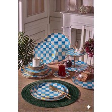 Onedekor 34 Parça Bella Chess Mavi Yaldızlı 6 Kişilik Pasta Çay Servis Ikram Takımı
