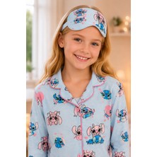 Enie Kız Çocuk Mavi Stitch Desenli Uzun Kollu Pijama Takımı + Göz Bandı