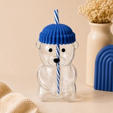 AyrStore Poomy 580 ml Ayıcık Figürlü Pipetli Cam Bardak Silikon Kapaklı Isıya Dayanıklı (Mavi)
