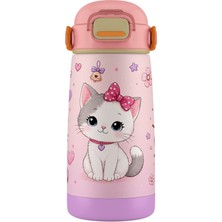 Puccon 420 ml Pembe Sevimli Kedi Baskılı Kız Çocuk Için Paslanmaz Çelik Termos / Suluk - 60023