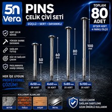 5n Vera 80 Adet Pıns Çelik Çivi Seti | Perçin Başlı Sert Çelik Çivi | 4X50, 4X60, 5X80, 5X100 mm | 20’şer Adet