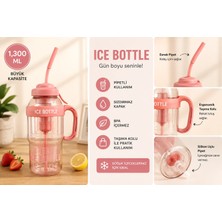 Ice Bottle Pipetli Pembe Matara 1300 ml – Sızdırmaz Lüks Suluk ve Detoks Şişesi