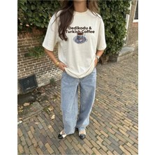 BarsDepo Turkish Coffee Baskılı Bisiklet Yaka Oversize Trend Kadın T-Shirt