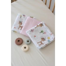 AyrStore Sallhomee Çok Amaçlı 2 Katlı Müslin Örtü, Pamuklu, Pembe, Bebek, 3'lü Set, Ceylan Desenli, A