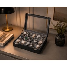 ZYC Özel Seri Lüks 15 Yuvalı Lüks Deri Cam Kapaklı Şık Tasarıma Sahip Saat Saklama Kutusu Ebat (34X24X8) cm