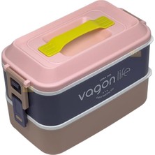 Vagonlife Bento 1000ML Lunchbox 2 Katlı 3 Bölmeli Paslanmaz Çelik Sefer Tası Yemek Kutusu (Pembe