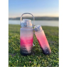 Motivasyonel Su Matarası, 2 Lt ve 900 Ml, Siyah Pembe, Spor Salon Şişesi