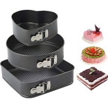 Karbon Çelik 3 Parça 22-24-26CM Kalp Yuvarlak Kare Kelepçeli Kek Kalıbı CIN798SY