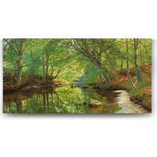 Peder Mork Monsted - Sunset Over A Forest Lake Tablosu - 160X80CM