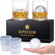 Eski Moda Viski Bardakları, 4'lü Set (2 Kristal Bourbon Bardağı, 2 Yuvarlak Büyük Buz Topu Kal