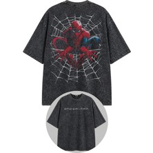 Fuddy Moda Unisex Oversize Süper Kahraman Spider Sırt Baskılı Yıkamalı Tişört