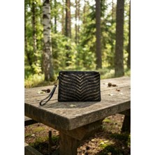 Raksin Siyah Gold Boncuk Işlemeli Kadın Portföy El Çantası - Astar Zikzak Desenli Abiye & Günlük Clutch