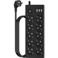 TKÇ 3680W Ölçülü Çoklu Lu + 3 USB + 1 Type C 16A Anahtarlı Akım Korumalı Uzatma Prizi (2 Metre K