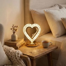 TKÇ Gece Lambası Kalp Şeklinde Kristal LED Masa Lambası Dokunmatik 3 Renk Işık Modlu Şarj Edilebil