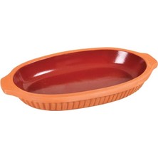 2 Adet Büyük Boy Dekorlu Kayık Sırlı Toprak Güveç Fırın Tepsisi 33X18X5 cm | 2'li Takım, K