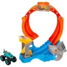 Kazan Hobi Hot Wheels Oyuncak Monster Trucks Köpekbalığı Oyun Seti, 1:64 Ölçekli Mega-Wrex Araç, Çemberin Içinden Geçerek Düşmanı Yenme, JFR08