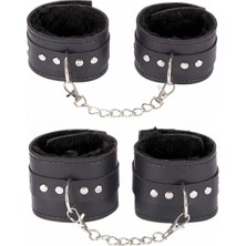 Kazan Hobi Sınırsızmarket Siyah Deri Kelepçe Seti, Peluş Astarlı, Metal Zincirli, Bileklik ve Ayak Bileği Kelepçesi, 2'li Set