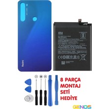 Genos Xiaomi Redmi Note 8 Uyumlu Arka Cam Kapak Batarya Pil Kapağı Mavi + Note 8 Batarya Pil BN46