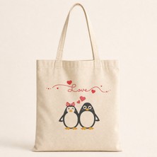 Mor Mürekkep Love Penguenler Tasarım Baskılı Bez Çanta