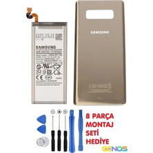 Genos Samsung Galaxy Note 8 SM-N950F N950U Batarya Pil 3300 Mah+Arka Pil Kapağı Cam+Montaj Set Gold