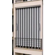 MRC Tekstil Taç Lüks Çizgili Antrasit Gri Gabardin Sık Dokuma Su Geçirmez Kornişli Bağcıklı Balkon Perdesi Branda