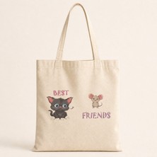 Mor Mürekkep Best Friends Kedi Fare Baskılı Bez Çanta