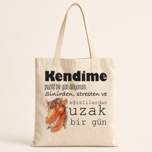 Mor Mürekkep Kendime Pozitif Bir Gün Diliyorum Baskılı Bez Çanta