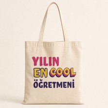 Mor Mürekkep Yılın En Cool Öğretmen Baskılı Bez Çanta
