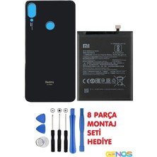 Genos Redmi Note 7 Uyumlu Arka Cam Kapak Batarya Pil Kapağı Siyah + Note 7 Pil Batarya BN4A + Montaj Set