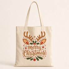 Mor Mürekkep Merry Christmas Geyik Boynuzlu Baskılı Bez Çanta