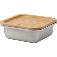 Kapaklı Çelik Saklama Kabı, Paslanmaz Çelik-Bambu, 600 Ml, Kare
