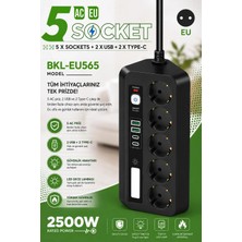 Renas Store 5’li Akım Korumalı Priz 2500W | 2 USB + 2 Type-C Hızlı Şarj | LED Gece Lambalı | Dokunmatik Siyah