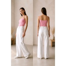 Hies Wide Leg Palazzo Kadın Jeans, Likralı Yüksek Bel Kot Pantolon - Beyaz