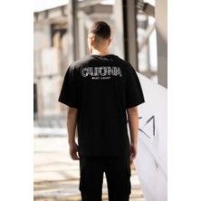 İkales Ikales Unisex Bisiklet Yaka Baskılı Oversize T-Shirt - Siyah