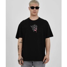 İkales Ikales Unisex Bisiklet Yaka Baskılı Oversize T-Shirt - Siyah