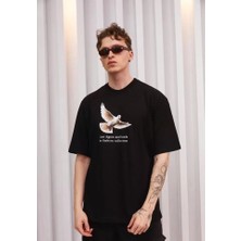 İkales Ikales Unisex Bisiklet Yaka Baskılı Oversize T-Shirt - Siyah