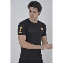 İkales Ikales Unisex Göğüs Fermuarlı Baskılı T-Shirt - Siyah