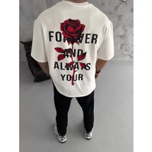 İkales Ikales Unisex Bisiklet Yaka Baskılı Oversize T-Shirt - Beyaz