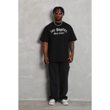 İkales Ikales Unisex Oversize Baskılı Bisiklet Yaka T-Shirt - Siyah