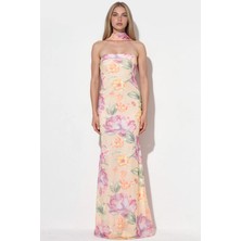 Hiccup Kadınlar Straplez Çiçek Desenli Tül Kuşaklı Bodycon Maxi Elbise Çok Renkli