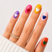 Takma Takma Renkli Nail Art Kısa Yuvarlak El Yapımı Jel Takma Tırnak KKYL-3501 - Renkli-S