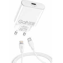 Giyitec GAN25 25W Hızlı Şarj Cihazı Seti + Type-C To Lightning Kablo - iPhone 14 / 13 / 12 / 11 / x / 8 Uyumlu Hızlı Şarj Aleti