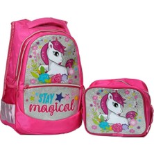 Kazan Hobi Tahticmer Ilkokul Okul Sırt Çantası Kız Beslenme Çantalı Ortopedik 2li Set At Model Unicorn Fuşya
