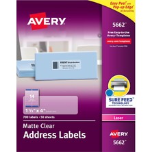Kazan Hobi Avery Mat Şeffaf Adres Etiketleri, Sure Feed Teknolojisi, Lazer, 1-1/3" x 4", 700 Etiket, 5 Paket (5662)