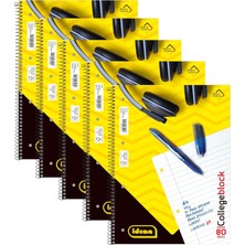 Kazan Hobi Idena 90366-5 Adet Kolej Defteri A4 80 Yaprak Çizgili ve Çift Kenarlı, Spiral Ciltli Blok, 70 G/m² Kağıt, 4 Kat Delikli ve Delikli